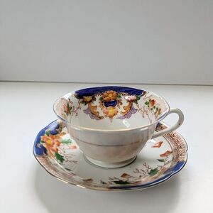 Antique Imari Style Bone China Cup Saucer Handpainted Teacup Blue Orange Display